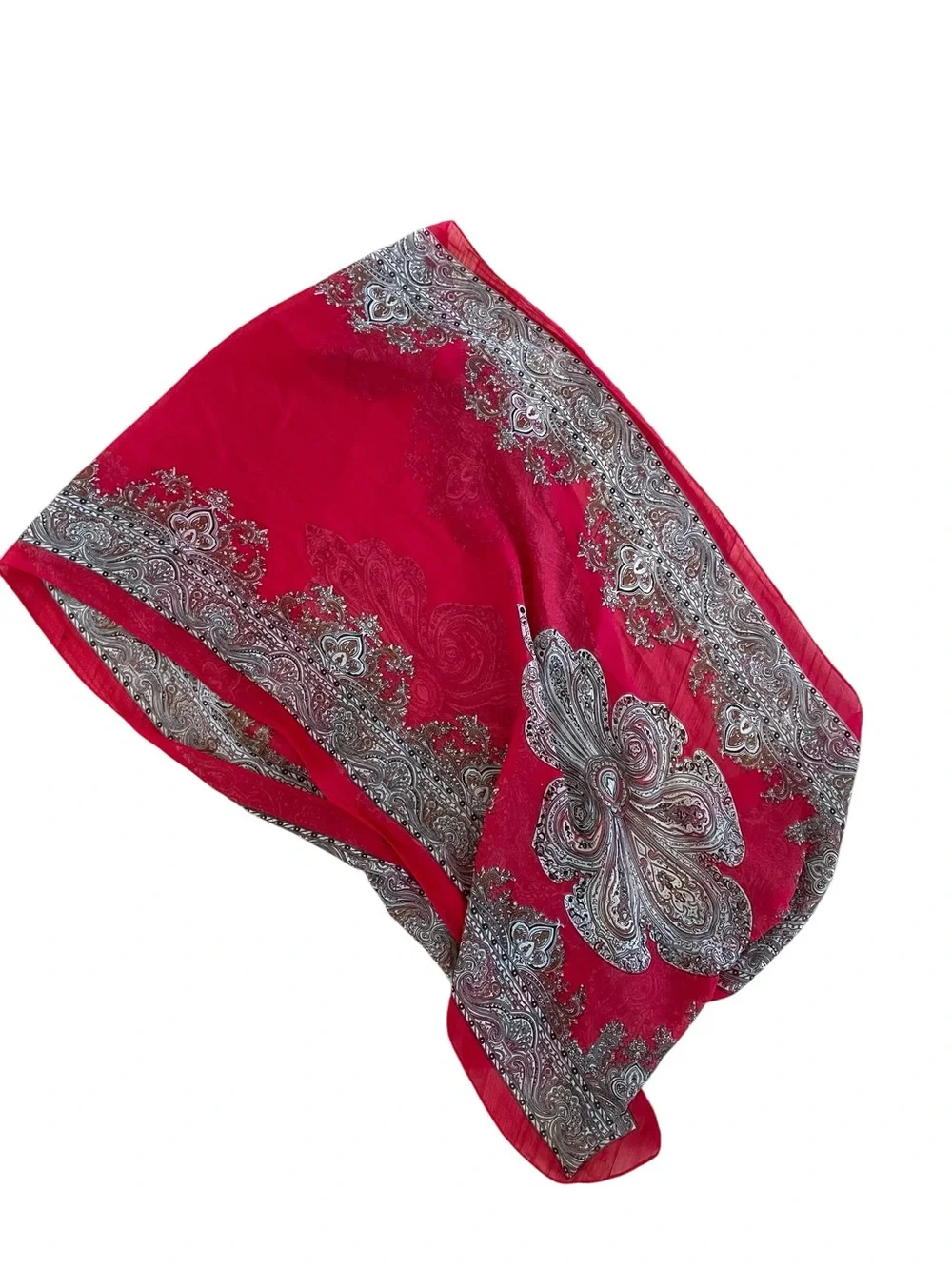 VINTAGE RED PAISLEY VISCOSA SCARF Sheer Lightweight Large Wrap